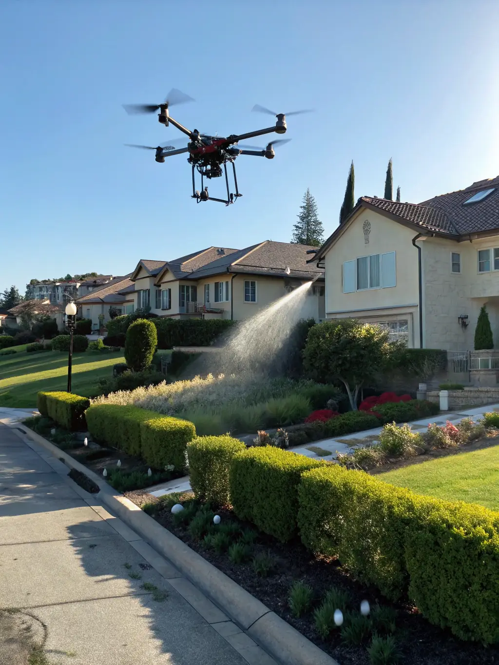 A drone spraying cleaning solution over a roof with lush greenery surrounding the property, emphasizing the eco-friendly nature of the process.